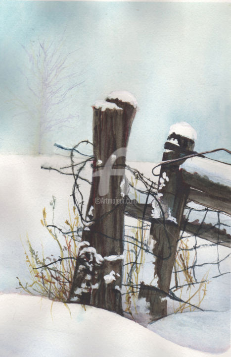 Painting titled "Snowy Field With Wi…" by Valerie Woelk, Original Artwork, Watercolor