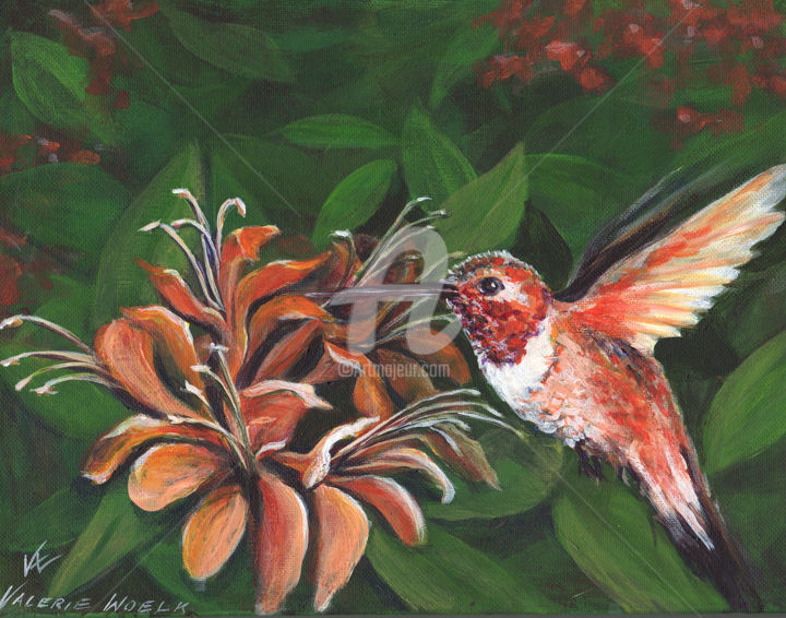 Painting titled "Hummingbird, Orange…" by Valerie Woelk, Original Artwork, Acrylic