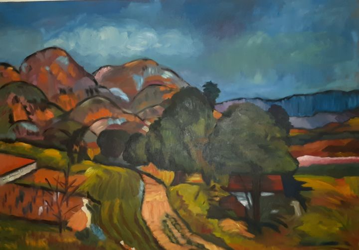 Malerei mit dem Titel "Paysage de Provence" von Valérie Denise, Original-Kunstwerk, Öl Auf Keilrahmen aus Holz montiert