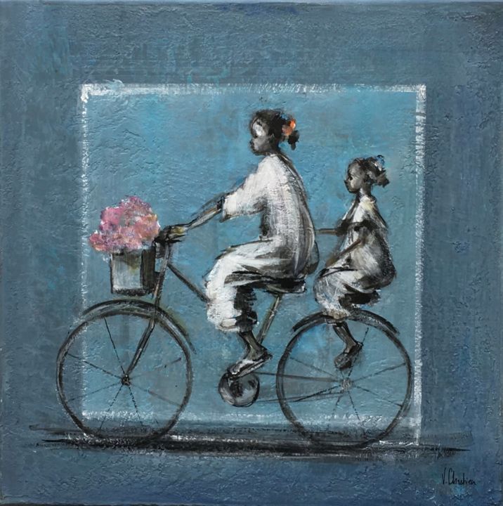 Painting titled "enfants à vélo" by Valérie Chrétien, Original Artwork, Acrylic