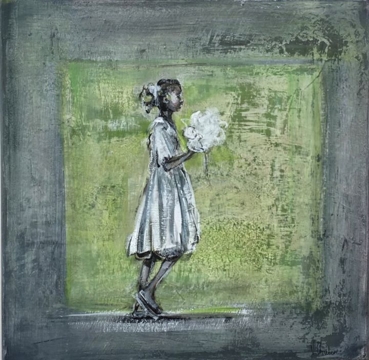 Pittura intitolato "jeune fille à la fl…" da Valérie Chrétien, Opera d'arte originale