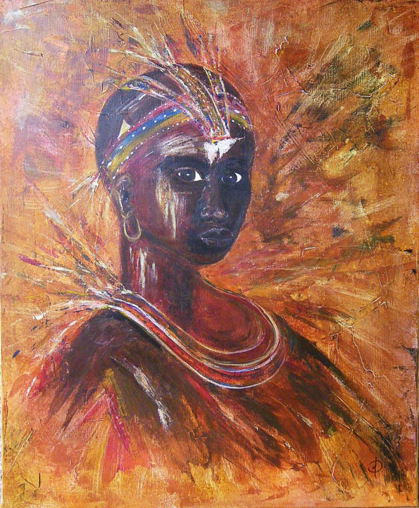 Painting titled "Femme Massai" by Valérie Domenjoz, Original Artwork, Oil