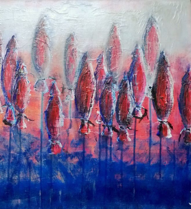 Peinture intitulée "parasols-rouges-her…" par Valérie Eymeric, Œuvre d'art originale, Huile