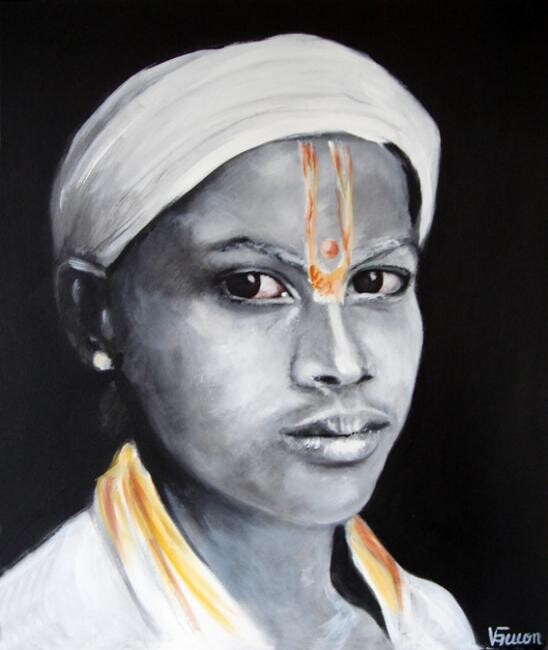 Painting titled "indian young boy 23" by Valérie Faucon, Original Artwork, Acrylic