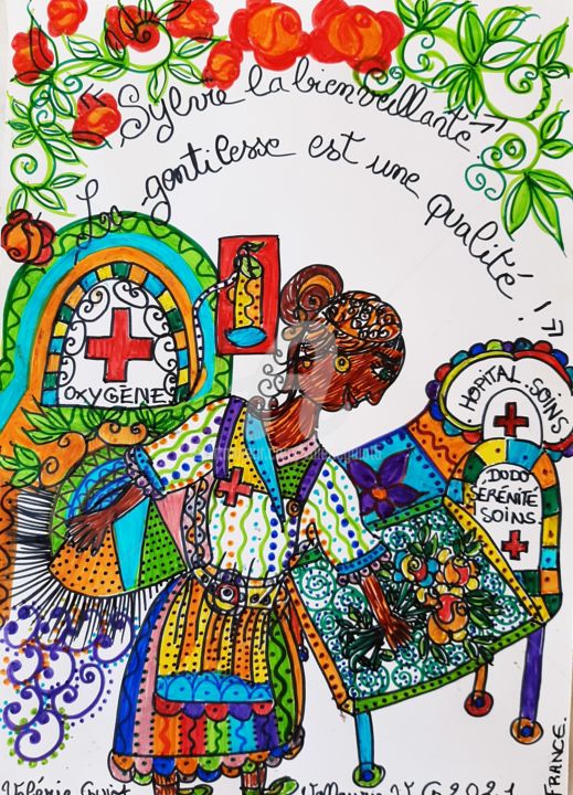 Desenho intitulada "Sylvie la bienveill…" por Valerie Guiot, Obras de arte originais, Marcador
