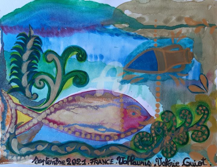 Painting titled "L'amphore et dorade…" by Valerie Guiot, Original Artwork, Gouache