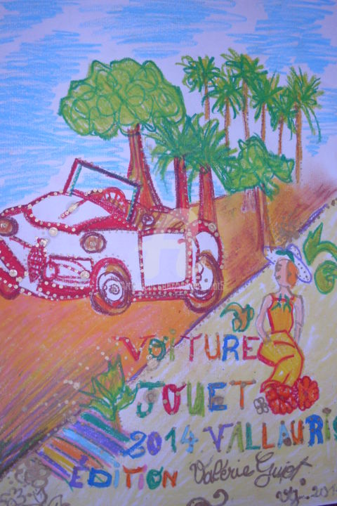 Zeichnungen mit dem Titel "Voiture Jouet" von Valerie Guiot, Original-Kunstwerk, Pastell