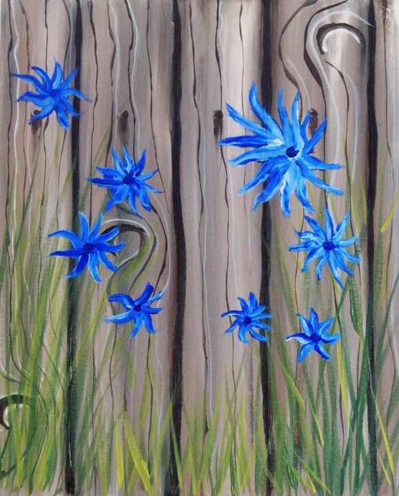 Painting titled "Fleurs bleues" by Valérie Rebourg, Original Artwork, Acrylic