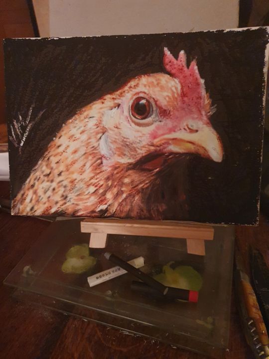 Drawing titled "Poule" by Valerie Roure, Original Artwork, Wax