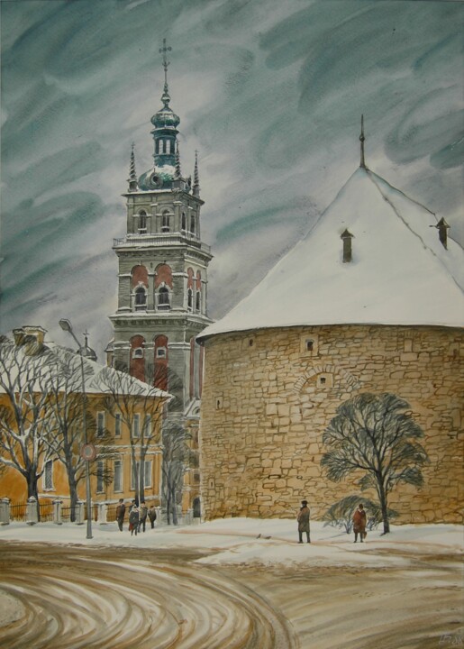 Painting titled "Lviv.Powder tower" by Valerii Oliinyk, Original Artwork, Watercolor