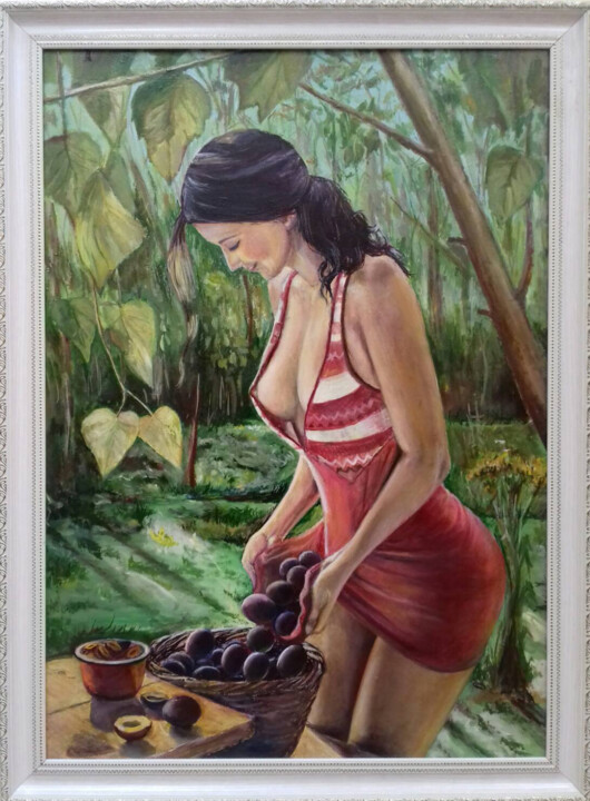 Картина под названием "Girl and plums" - Valerii Radzikhovskyi, Подлинное произведение искусства, Масло