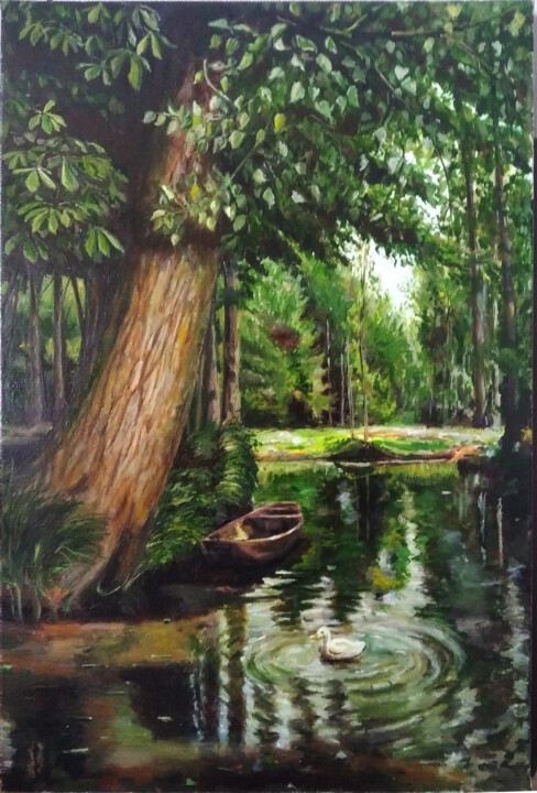 Картина под названием "Lake and tree" - Valerii Radzikhovskyi, Подлинное произведение искусства, Масло