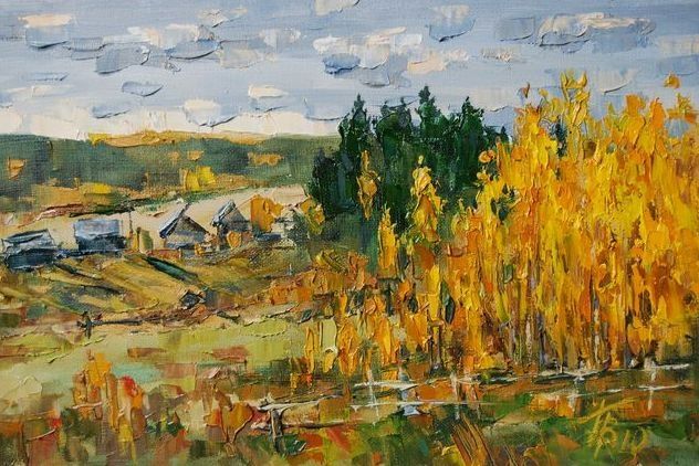 Северная осень - Painting, 20x30 cm ©2010 by Valerii -
Figurative Art, Лес, деревня, небо.
