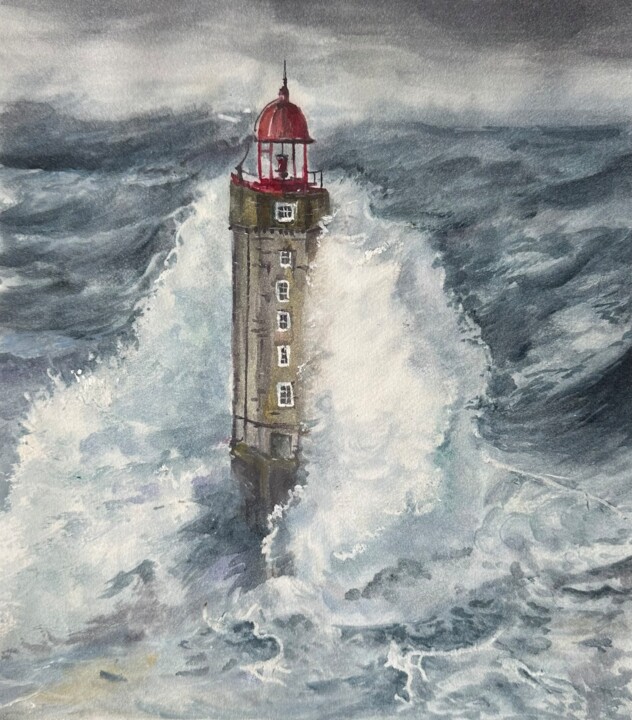 Dessin intitulée "A lighthouse in the…" par Valeriia Prasol, Œuvre d'art originale, Aquarelle