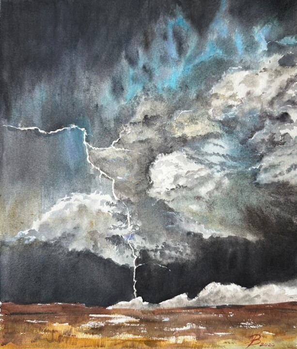Painting titled "Lightning over gold…" by Valeriia Prasol, Original Artwork, Watercolor