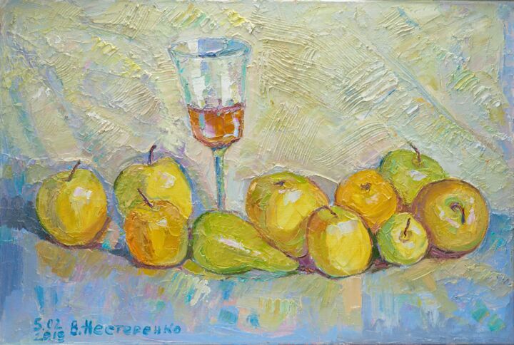 Картина под названием "Натюрморт з яблуками" - Valerij Nesterenko, Подлинное произведение искусства, Масло