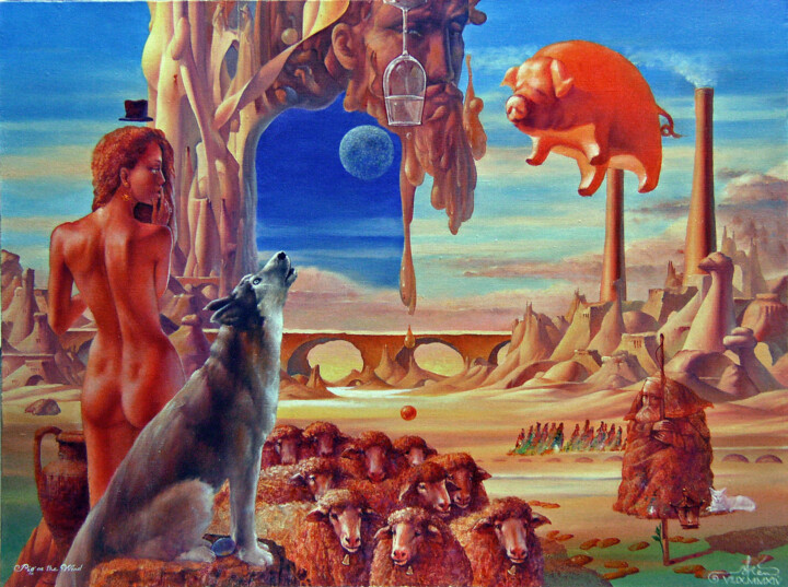 Painting titled "Pig On The Wind" by Valeriy Kot, Original Artwork, Oil