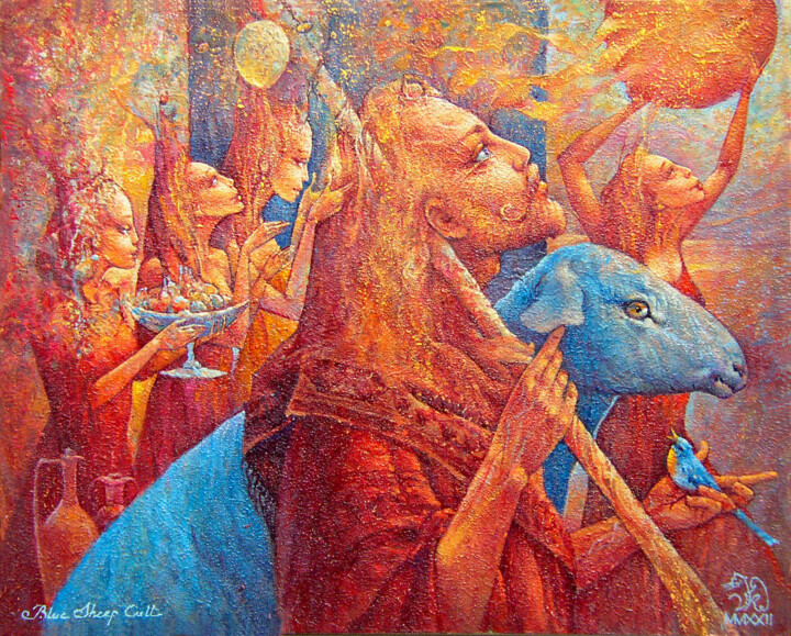 Painting titled "Blue Sheep Cult" by Valeriy Kot, Original Artwork, Oil Mounted on Wood Stretcher frame
