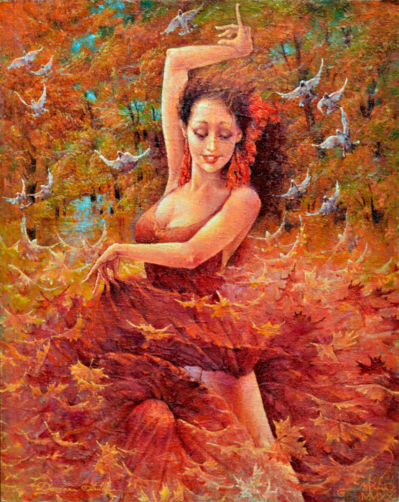 Painting titled "Autumn. Dance of Li…" by Valeriy Kot, Original Artwork, Oil Mounted on Cardboard