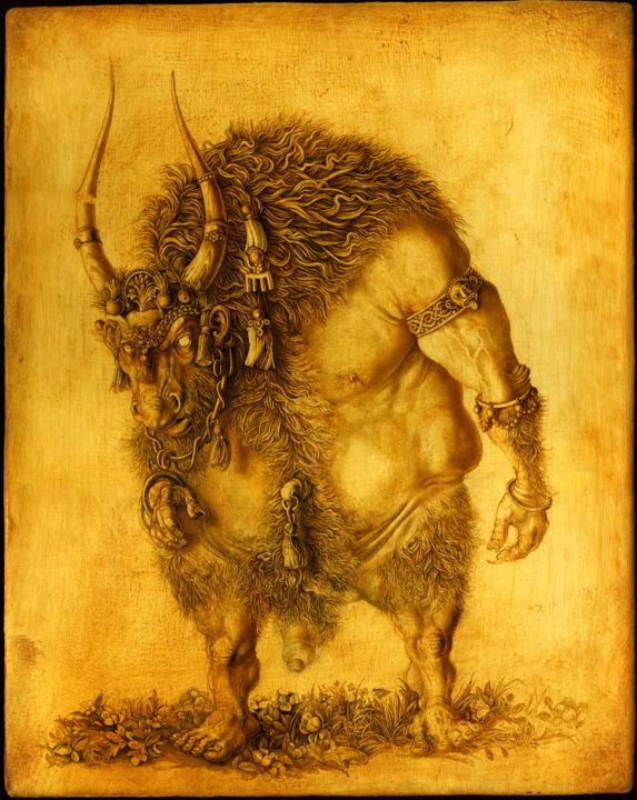 Painting titled "Minotaur" by Sergey Azarnov, Original Artwork, Oil