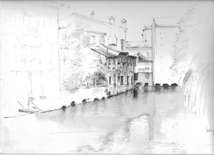 Malerei mit dem Titel "Treviso dal ponte s…" von Valéry Codogno, Original-Kunstwerk, Aquarell