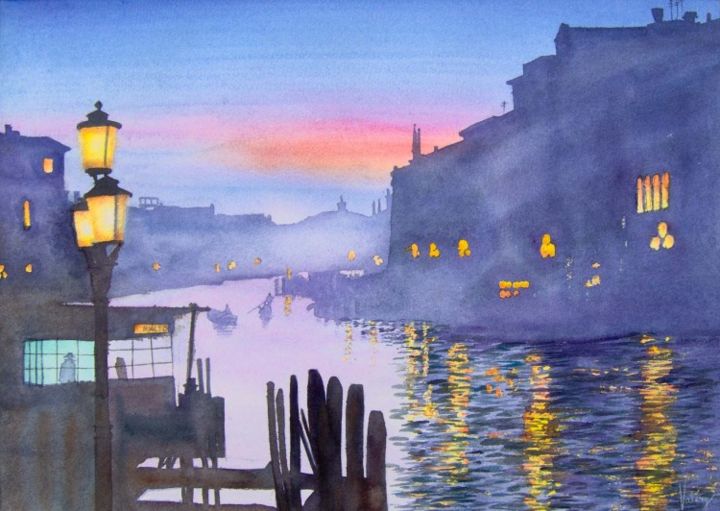 Painting titled "tramonto da Rialto" by Valéry Codogno, Original Artwork, Watercolor