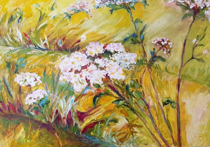 Peinture intitulée ""Dans les champs"" par Pascale Fleury-Vallée, Œuvre d'art originale, Huile Monté sur Châssis en bois