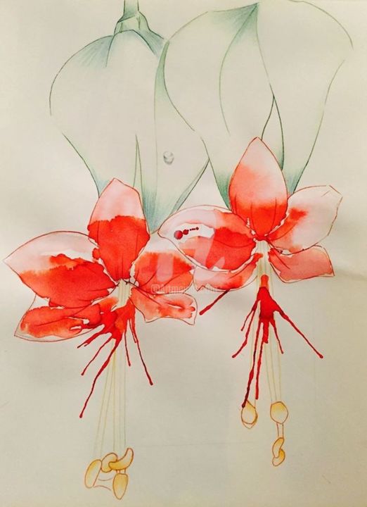 Painting titled "Fleurs" by Annabelle Vallier, Original Artwork, Watercolor