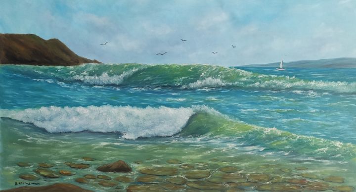 Painting titled "the sea is excited" by Valentina Kostadinova, Original Artwork, Oil Mounted on Wood Stretcher frame