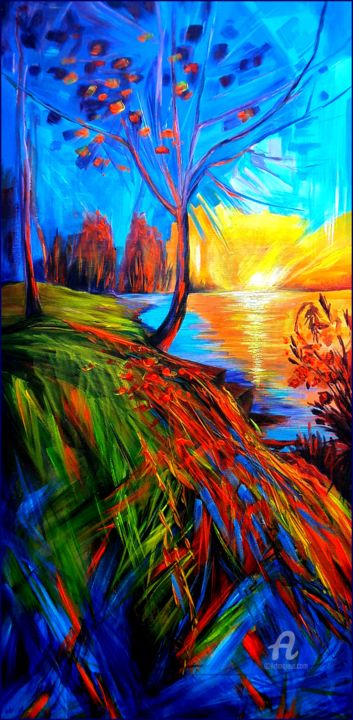 Painting titled "Lakeside Sunlight" by Ibolya Való, Original Art, Acrylic