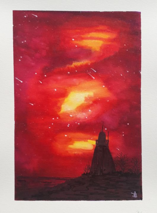 Peinture intitulée "Ciel de feu" par Valérie Boucherit, Œuvre d'art originale, Aquarelle