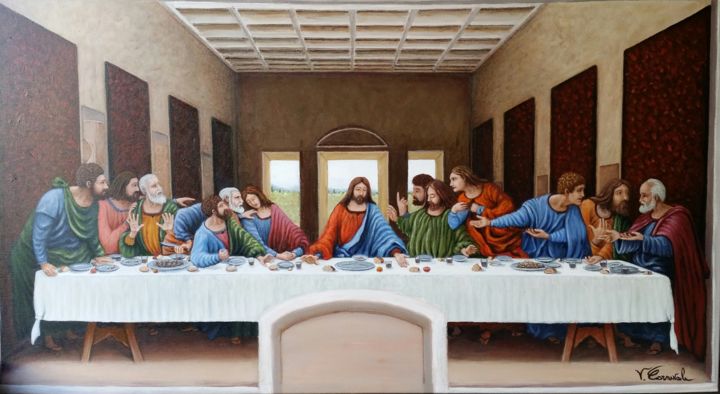 Painting titled "Ultima Cena" by Valter Carnevale, Original Artwork, Acrylic Mounted on Wood Panel