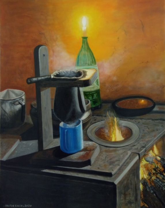 Painting titled "" Hora do Café "" by Valter Cacio, Original Artwork, Oil Mounted on Wood Panel