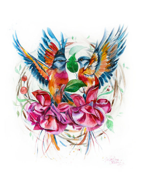 Peinture intitulée "Bird" par Valentina Grace, Œuvre d'art originale, Aquarelle