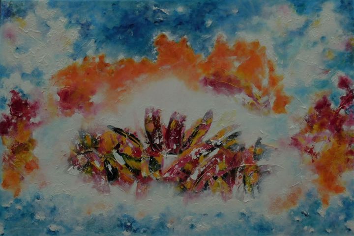 Painting titled "Flowers in the clou…" by Karel Van Camp, Original Artwork, Acrylic