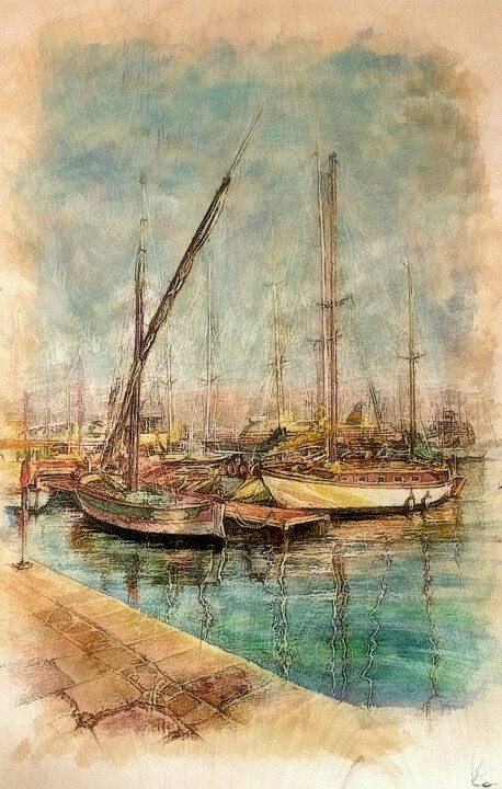 Рисунок под названием "boats 1" - Van Ko Tokusha, Подлинное произведение искусства, Энкаустический