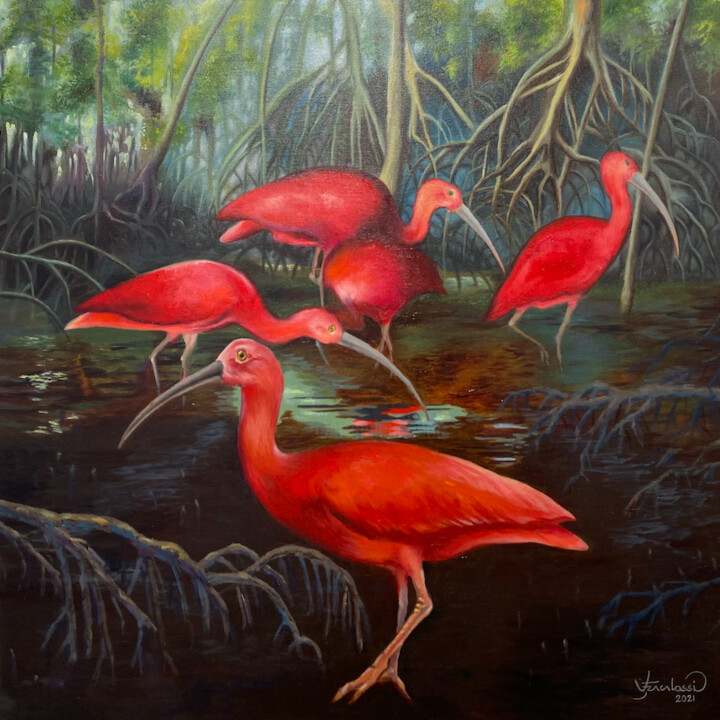 Painting titled "Ibis en an mangrov" by Vanderlei Fracalossi, Original Artwork, Oil Mounted on Wood Stretcher frame