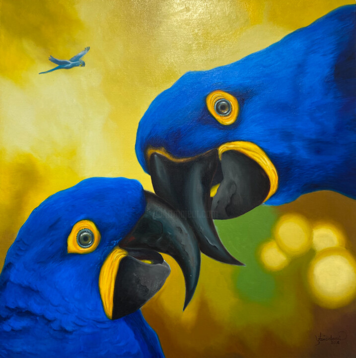 Peinture intitulée "Ara bleu 1" par Vanderlei Fracalossi, Œuvre d'art originale, Huile Monté sur Châssis en bois
