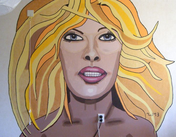Schilderij getiteld "Blonde On Wall" door Jaap Van Der Wijk, Origineel Kunstwerk, Olie