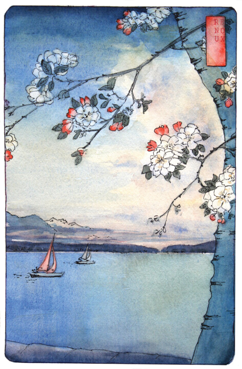 Painting titled "Cerisiers en fleurs…" by Vanessa Renoux, Original Artwork, Watercolor