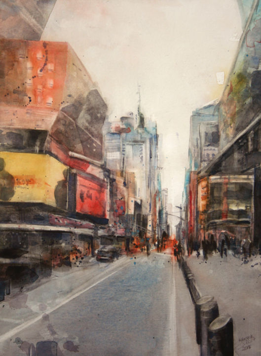 Painting titled "Time Square 1" by Vanessa Renoux, Original Artwork, Watercolor