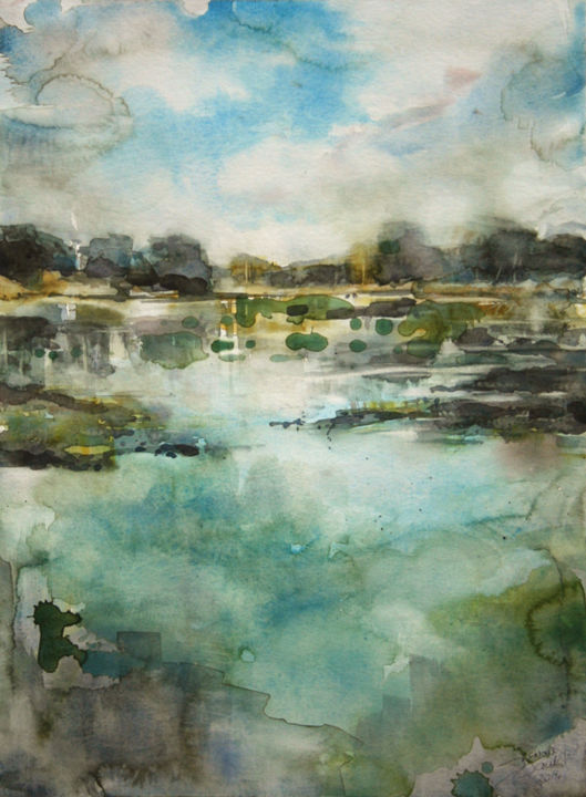 Pintura titulada "Etang de Crosagny" por Vanessa Renoux, Obra de arte original, Acuarela