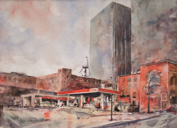 Painting titled "Station service - a…" by Vanessa Renoux, Original Artwork, Watercolor