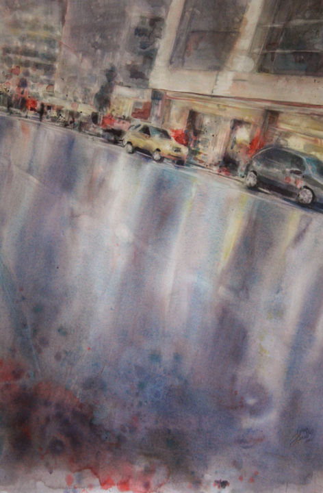 Pittura intitolato "Rainy Road I" da Vanessa Renoux, Opera d'arte originale, Acquarello