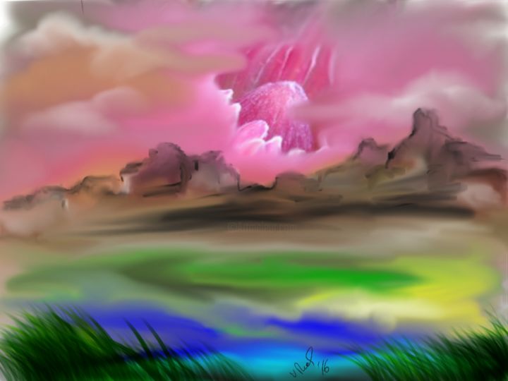 Painting titled "Pink protea sky" by Vanessepurvesart, Original Artwork, Other