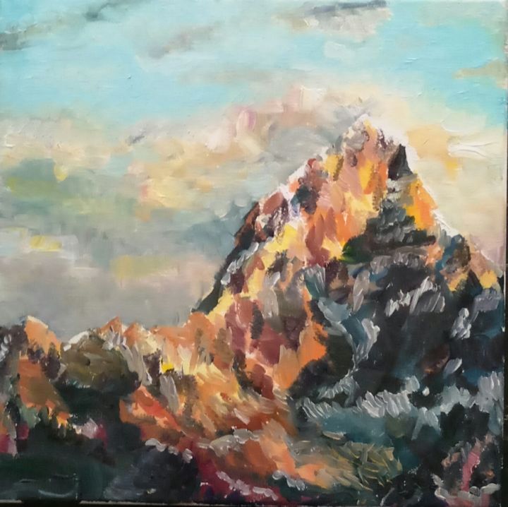 Painting titled "sunset in mountains" by Katerina Van Marsenille, Original Artwork, Oil