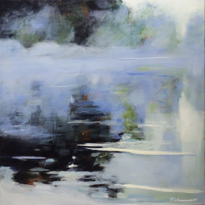 Painting titled "Brume sur le lac" by Pierre Vanmansart, Original Artwork, Acrylic Mounted on Wood Stretcher frame