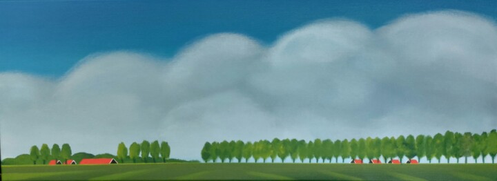 Schilderij getiteld "Dike with trees (Ju…" door Nelly Van Nieuwenhuijzen, Origineel Kunstwerk, Acryl Gemonteerd op Frame voo…