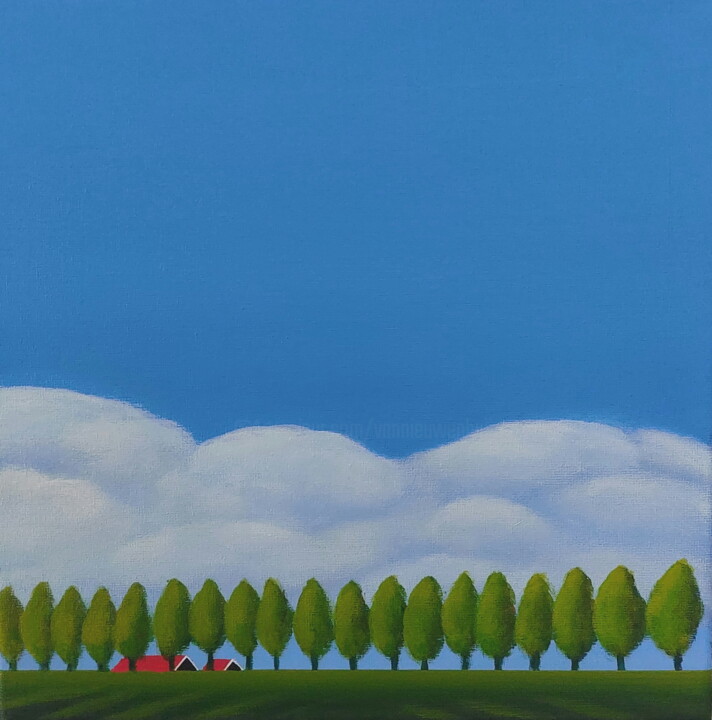 Painting titled "Dike with trees (7)" by Nelly Van Nieuwenhuijzen, Original Artwork, Acrylic Mounted on Wood Stretcher frame