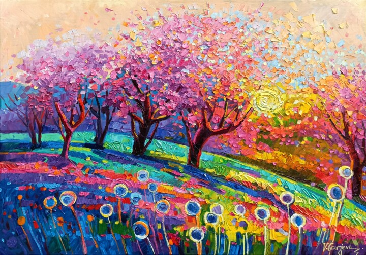 Pintura titulada "Cherry trees under…" por Vanya Georgieva, Obra de arte original, Oleo Montado en Bastidor de camilla de ma…
